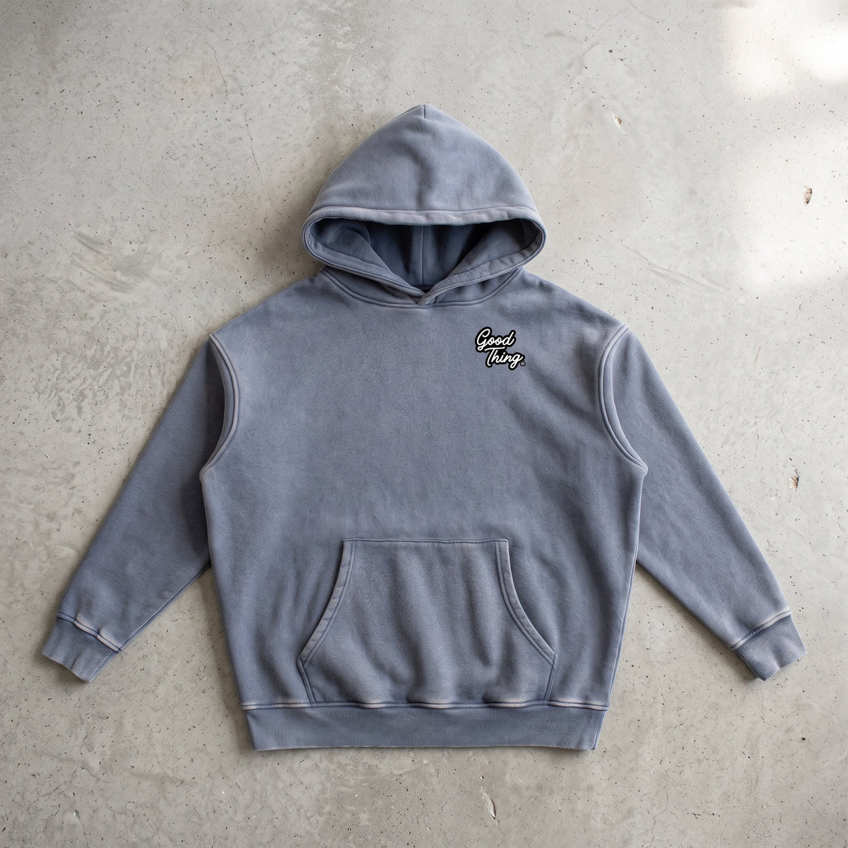 Good Thing & Co. oversized grey snow wash fleece hoodie with drop shoulders and front kangaroo pocket.