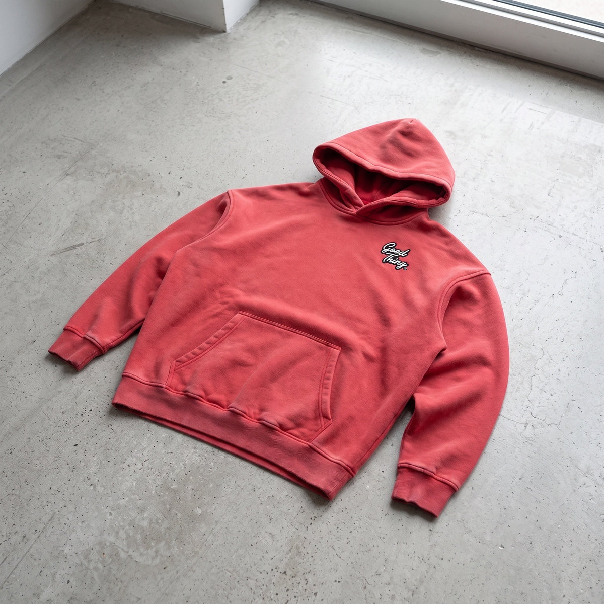 Good Thing & Co. red snow wash oversized fleece hoodie with drop shoulders and front kangaroo pocket